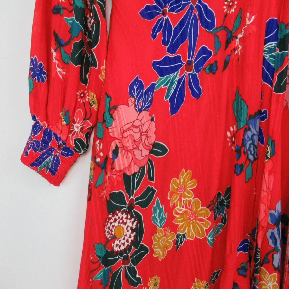 ANTHROPOLOGIE Boswell Red Floral Textured Wrap Tunic Dress Women's Size 12